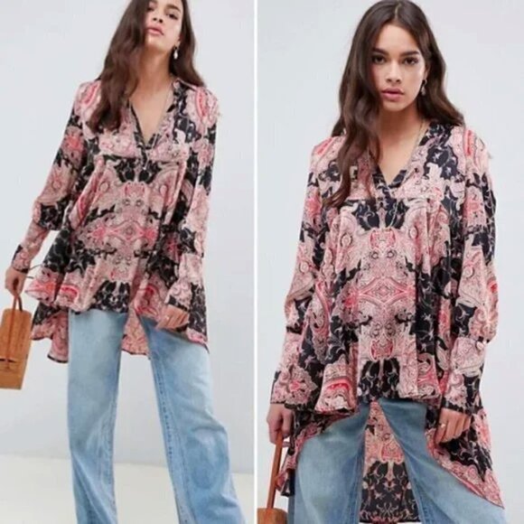 Free People Field of Butterflies Silky Tunic Mini Dress Top Small - Picture 1 of 12